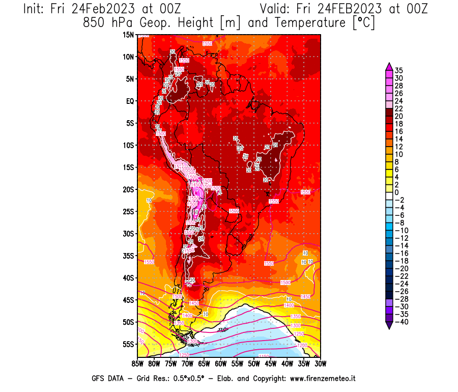 Mappa di analisi GFS - Geopotenziale [m] e Temperatura [°C] a 850 hPa in Sud-America
							del 24/02/2023 00 <!--googleoff: index-->UTC<!--googleon: index-->