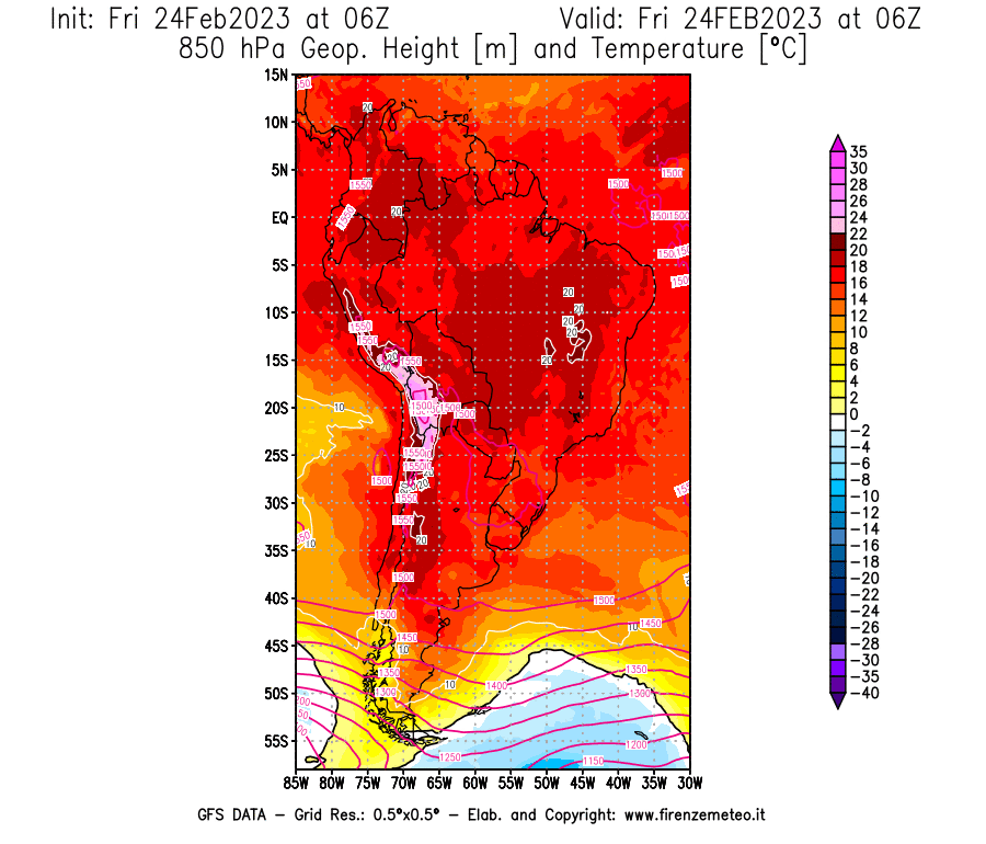 Mappa di analisi GFS - Geopotenziale [m] e Temperatura [°C] a 850 hPa in Sud-America
							del 24/02/2023 06 <!--googleoff: index-->UTC<!--googleon: index-->