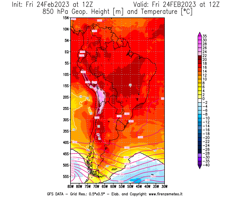 Mappa di analisi GFS - Geopotenziale [m] e Temperatura [°C] a 850 hPa in Sud-America
							del 24/02/2023 12 <!--googleoff: index-->UTC<!--googleon: index-->