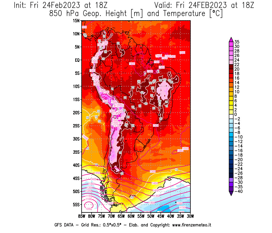 Mappa di analisi GFS - Geopotenziale [m] e Temperatura [°C] a 850 hPa in Sud-America
							del 24/02/2023 18 <!--googleoff: index-->UTC<!--googleon: index-->