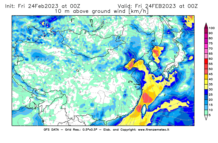 Mappa di analisi GFS - Velocità del vento a 10 metri dal suolo [km/h] in Asia Orientale
							del 24/02/2023 00 <!--googleoff: index-->UTC<!--googleon: index-->