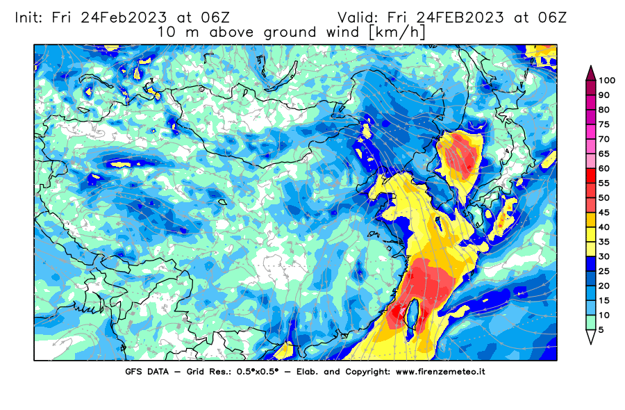 Mappa di analisi GFS - Velocità del vento a 10 metri dal suolo [km/h] in Asia Orientale
							del 24/02/2023 06 <!--googleoff: index-->UTC<!--googleon: index-->