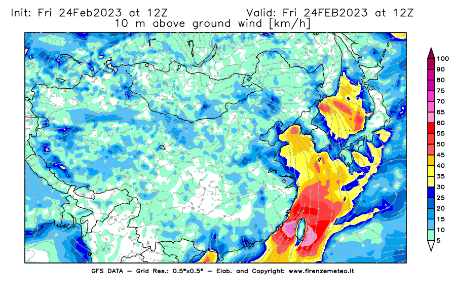 Mappa di analisi GFS - Velocità del vento a 10 metri dal suolo [km/h] in Asia Orientale
							del 24/02/2023 12 <!--googleoff: index-->UTC<!--googleon: index-->