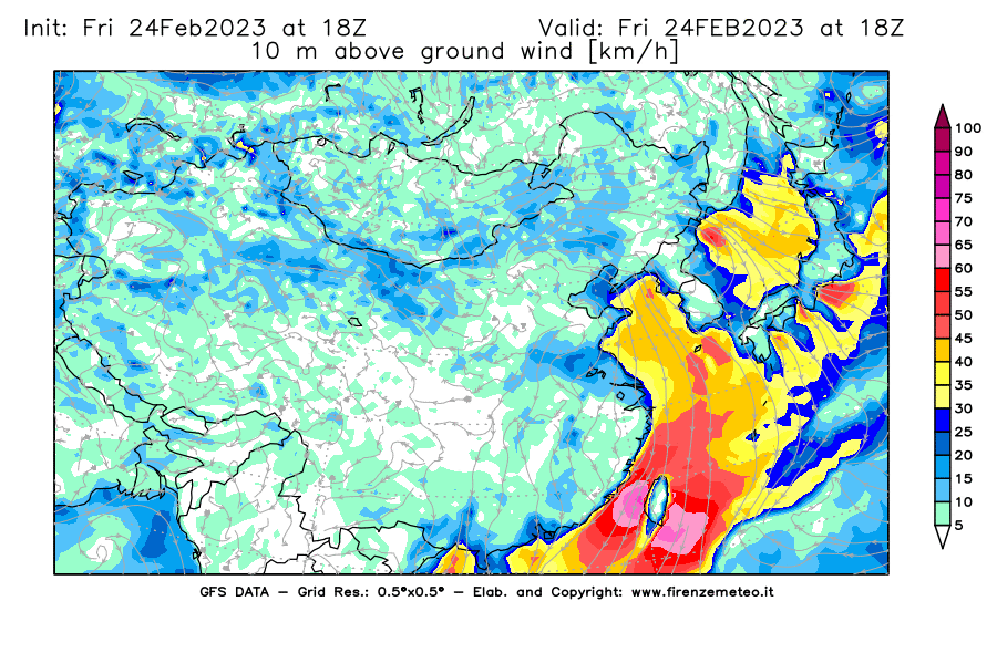 Mappa di analisi GFS - Velocità del vento a 10 metri dal suolo [km/h] in Asia Orientale
							del 24/02/2023 18 <!--googleoff: index-->UTC<!--googleon: index-->