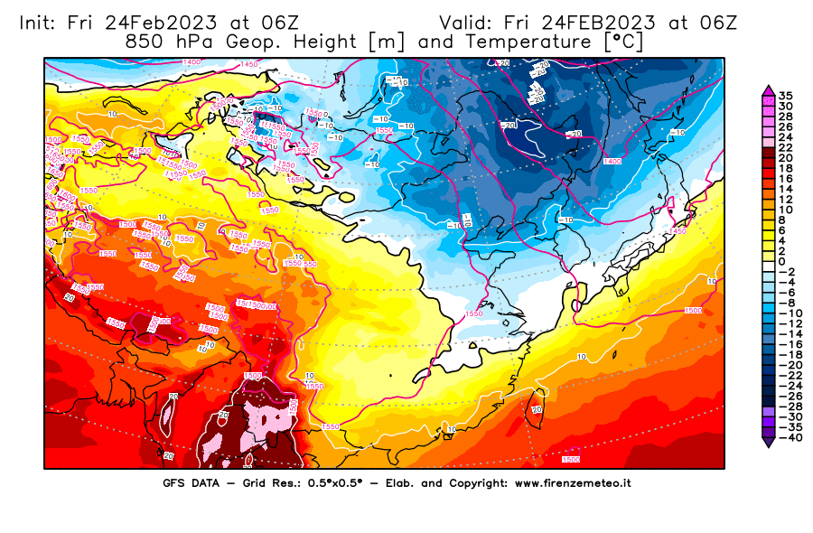 Mappa di analisi GFS - Geopotenziale [m] e Temperatura [°C] a 850 hPa in Asia Orientale
							del 24/02/2023 06 <!--googleoff: index-->UTC<!--googleon: index-->