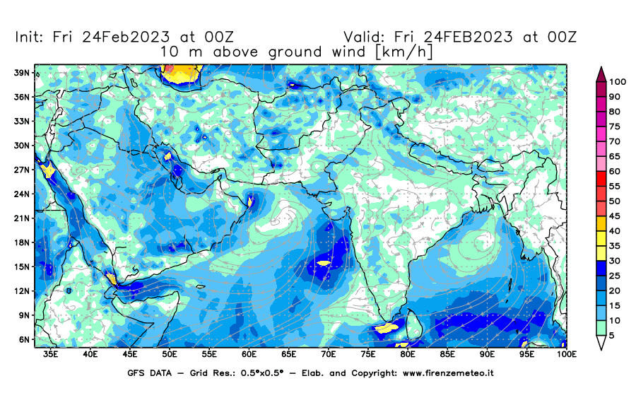 Mappa di analisi GFS - Velocità del vento a 10 metri dal suolo [km/h] in Asia Sud-Occidentale
							del 24/02/2023 00 <!--googleoff: index-->UTC<!--googleon: index-->