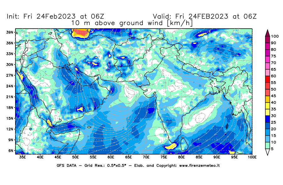 Mappa di analisi GFS - Velocità del vento a 10 metri dal suolo [km/h] in Asia Sud-Occidentale
							del 24/02/2023 06 <!--googleoff: index-->UTC<!--googleon: index-->