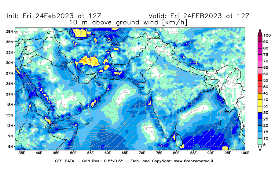 Mappa di analisi GFS - Velocità del vento a 10 metri dal suolo [km/h] in Asia Sud-Occidentale
							del 24/02/2023 12 <!--googleoff: index-->UTC<!--googleon: index-->
