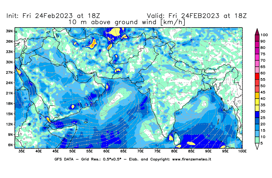 Mappa di analisi GFS - Velocità del vento a 10 metri dal suolo [km/h] in Asia Sud-Occidentale
							del 24/02/2023 18 <!--googleoff: index-->UTC<!--googleon: index-->