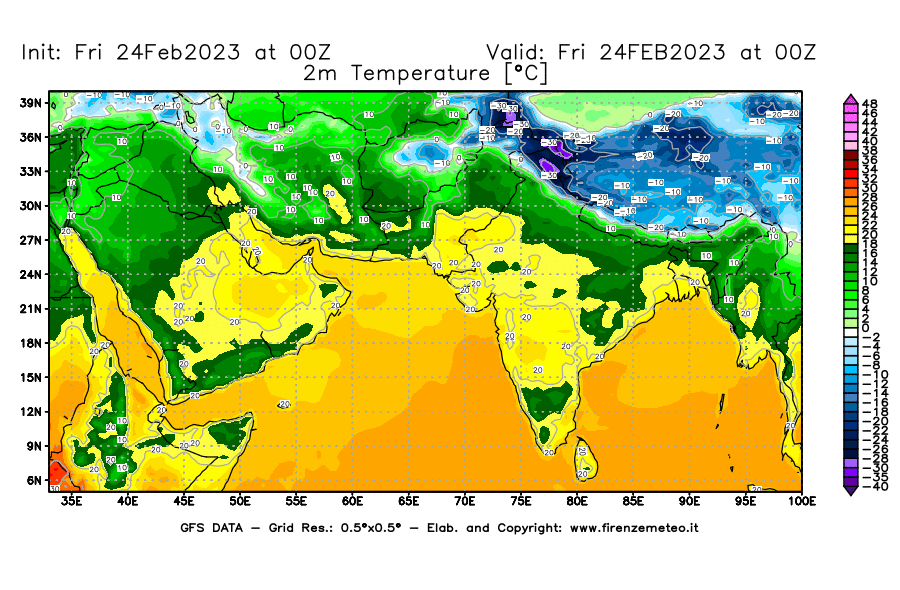 Mappa di analisi GFS - Temperatura a 2 metri dal suolo [°C] in Asia Sud-Occidentale
							del 24/02/2023 00 <!--googleoff: index-->UTC<!--googleon: index-->