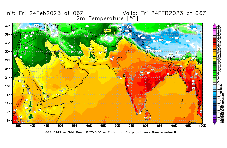 Mappa di analisi GFS - Temperatura a 2 metri dal suolo [°C] in Asia Sud-Occidentale
							del 24/02/2023 06 <!--googleoff: index-->UTC<!--googleon: index-->