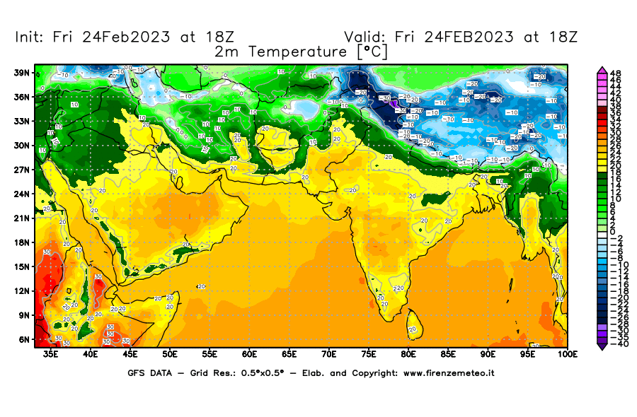 Mappa di analisi GFS - Temperatura a 2 metri dal suolo [°C] in Asia Sud-Occidentale
							del 24/02/2023 18 <!--googleoff: index-->UTC<!--googleon: index-->