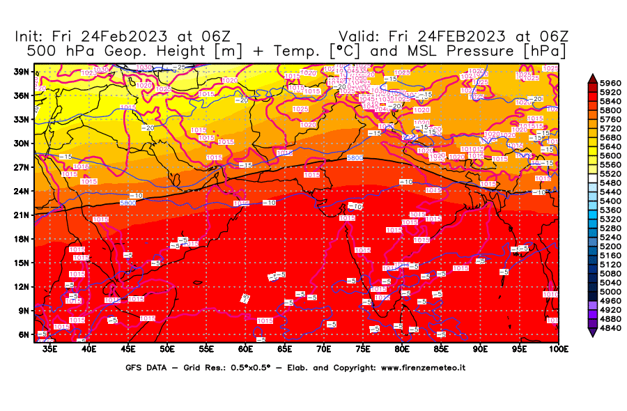 Mappa di analisi GFS - Geopotenziale [m] + Temp. [°C] a 500 hPa + Press. a livello del mare [hPa] in Asia Sud-Occidentale
							del 24/02/2023 06 <!--googleoff: index-->UTC<!--googleon: index-->