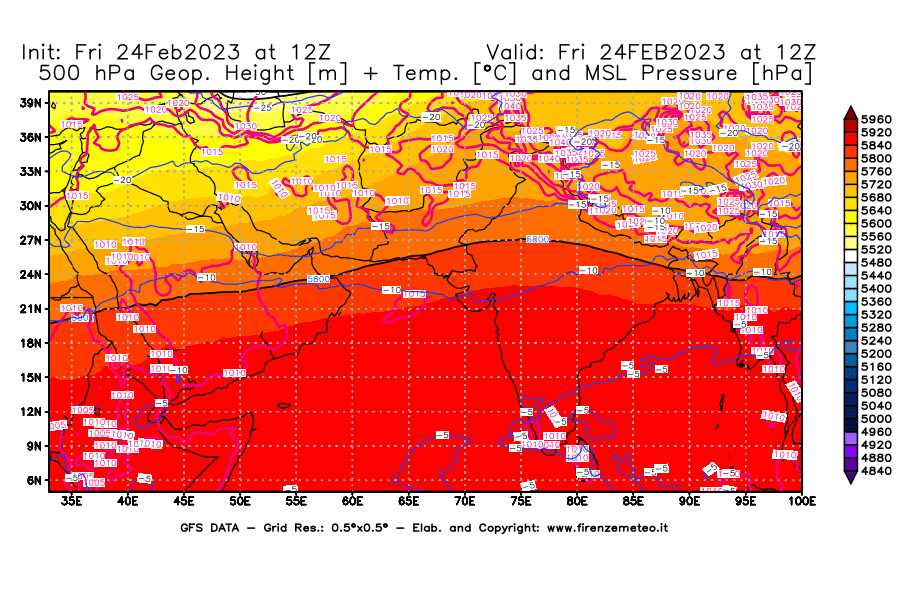 Mappa di analisi GFS - Geopotenziale [m] + Temp. [°C] a 500 hPa + Press. a livello del mare [hPa] in Asia Sud-Occidentale
							del 24/02/2023 12 <!--googleoff: index-->UTC<!--googleon: index-->