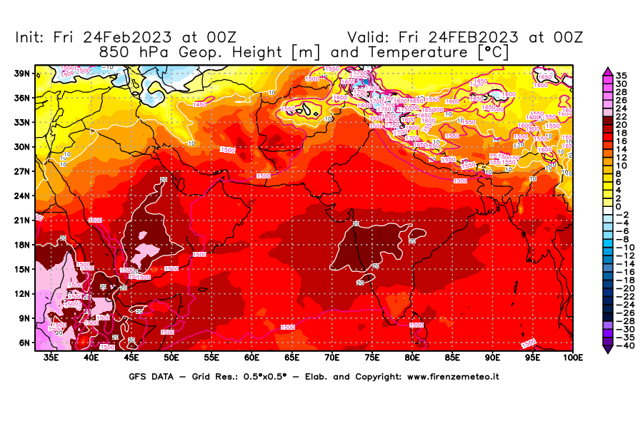 Mappa di analisi GFS - Geopotenziale [m] e Temperatura [°C] a 850 hPa in Asia Sud-Occidentale
							del 24/02/2023 00 <!--googleoff: index-->UTC<!--googleon: index-->