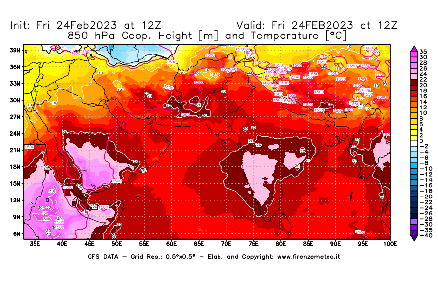 Mappa di analisi GFS - Geopotenziale [m] e Temperatura [°C] a 850 hPa in Asia Sud-Occidentale
							del 24/02/2023 12 <!--googleoff: index-->UTC<!--googleon: index-->