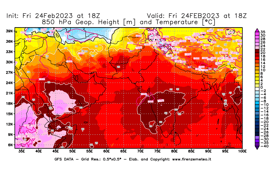 Mappa di analisi GFS - Geopotenziale [m] e Temperatura [°C] a 850 hPa in Asia Sud-Occidentale
							del 24/02/2023 18 <!--googleoff: index-->UTC<!--googleon: index-->