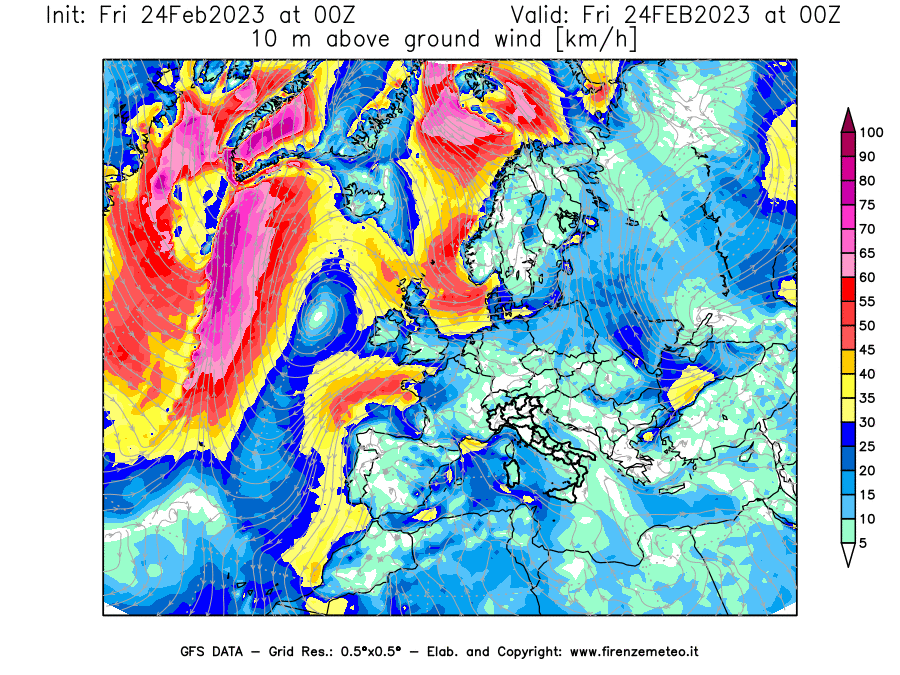 Mappa di analisi GFS - Velocità del vento a 10 metri dal suolo [km/h] in Europa
							del 24/02/2023 00 <!--googleoff: index-->UTC<!--googleon: index-->