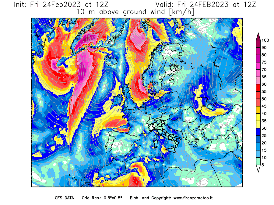 Mappa di analisi GFS - Velocità del vento a 10 metri dal suolo [km/h] in Europa
							del 24/02/2023 12 <!--googleoff: index-->UTC<!--googleon: index-->