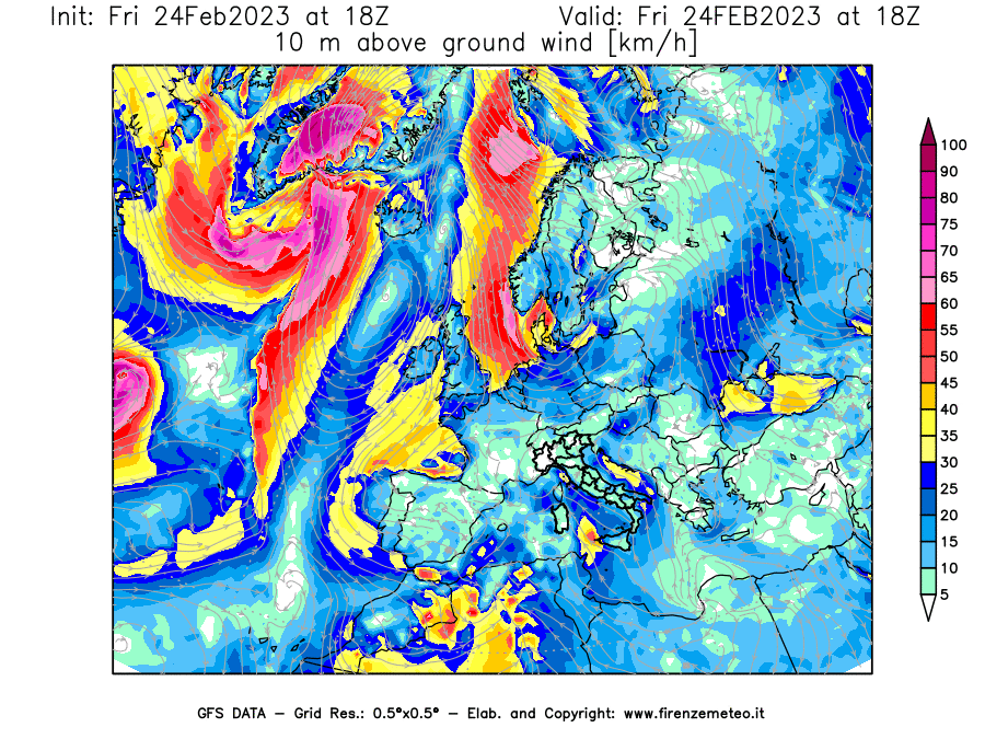 Mappa di analisi GFS - Velocità del vento a 10 metri dal suolo [km/h] in Europa
							del 24/02/2023 18 <!--googleoff: index-->UTC<!--googleon: index-->