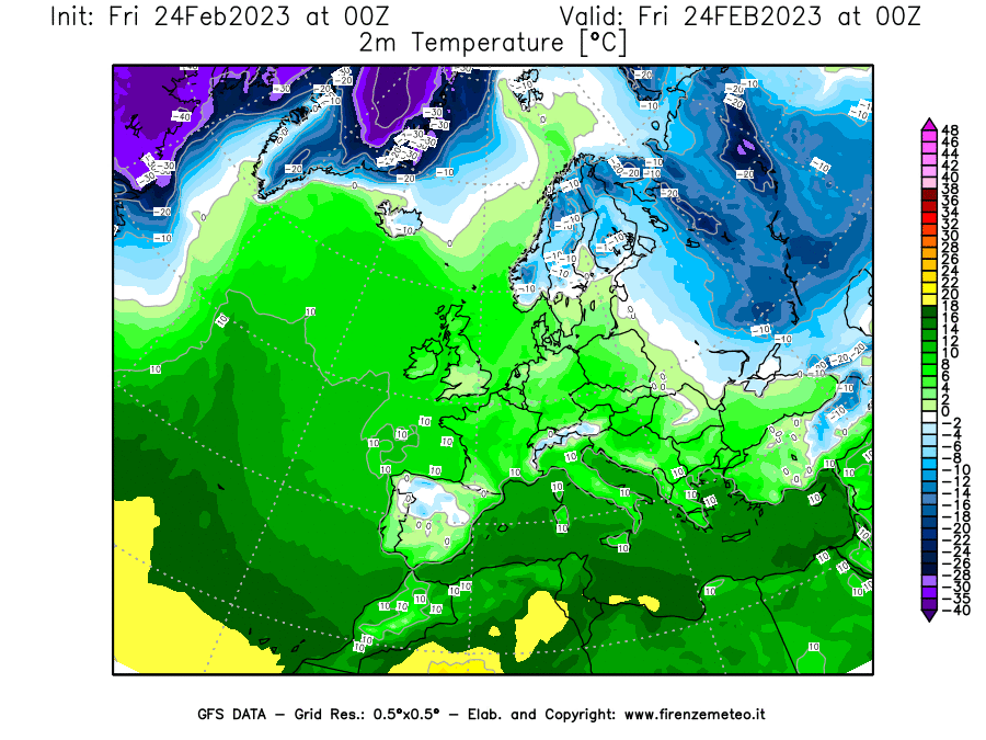 Mappa di analisi GFS - Temperatura a 2 metri dal suolo [°C] in Europa
							del 24/02/2023 00 <!--googleoff: index-->UTC<!--googleon: index-->