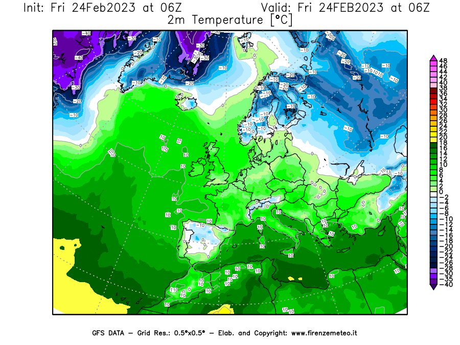 Mappa di analisi GFS - Temperatura a 2 metri dal suolo [°C] in Europa
							del 24/02/2023 06 <!--googleoff: index-->UTC<!--googleon: index-->