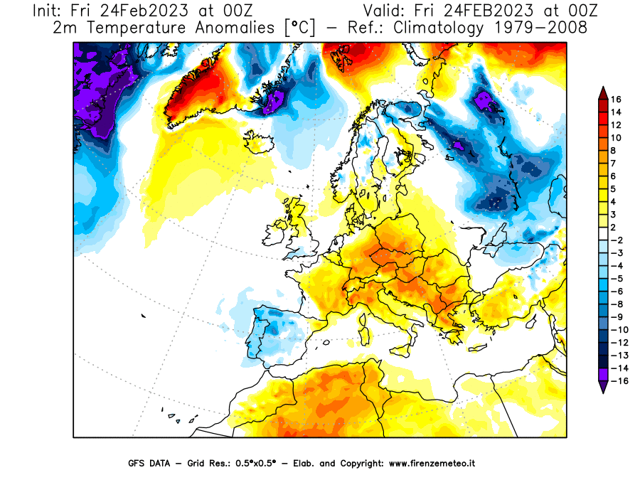 Mappa di analisi GFS - Anomalia Temperatura [°C] a 2 m in Europa
							del 24/02/2023 00 <!--googleoff: index-->UTC<!--googleon: index-->