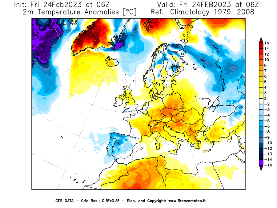 Mappa di analisi GFS - Anomalia Temperatura [°C] a 2 m in Europa
							del 24/02/2023 06 <!--googleoff: index-->UTC<!--googleon: index-->