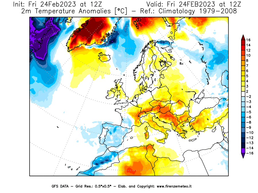 Mappa di analisi GFS - Anomalia Temperatura [°C] a 2 m in Europa
							del 24/02/2023 12 <!--googleoff: index-->UTC<!--googleon: index-->