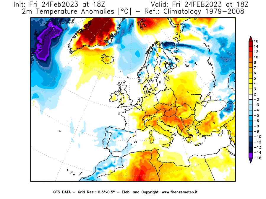 Mappa di analisi GFS - Anomalia Temperatura [°C] a 2 m in Europa
							del 24/02/2023 18 <!--googleoff: index-->UTC<!--googleon: index-->