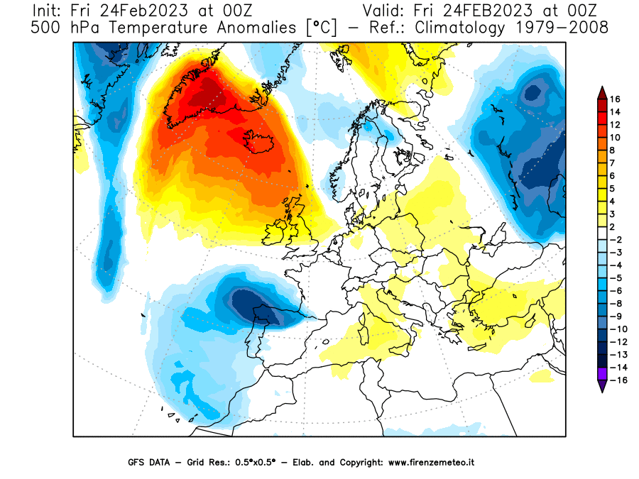 Mappa di analisi GFS - Anomalia Temperatura [°C] a 500 hPa in Europa
							del 24/02/2023 00 <!--googleoff: index-->UTC<!--googleon: index-->