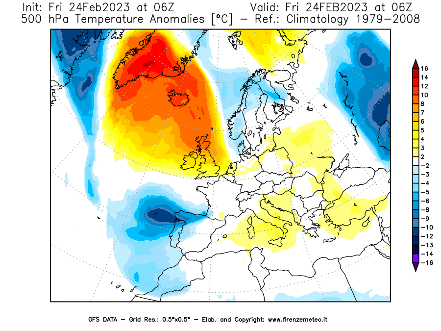 Mappa di analisi GFS - Anomalia Temperatura [°C] a 500 hPa in Europa
							del 24/02/2023 06 <!--googleoff: index-->UTC<!--googleon: index-->