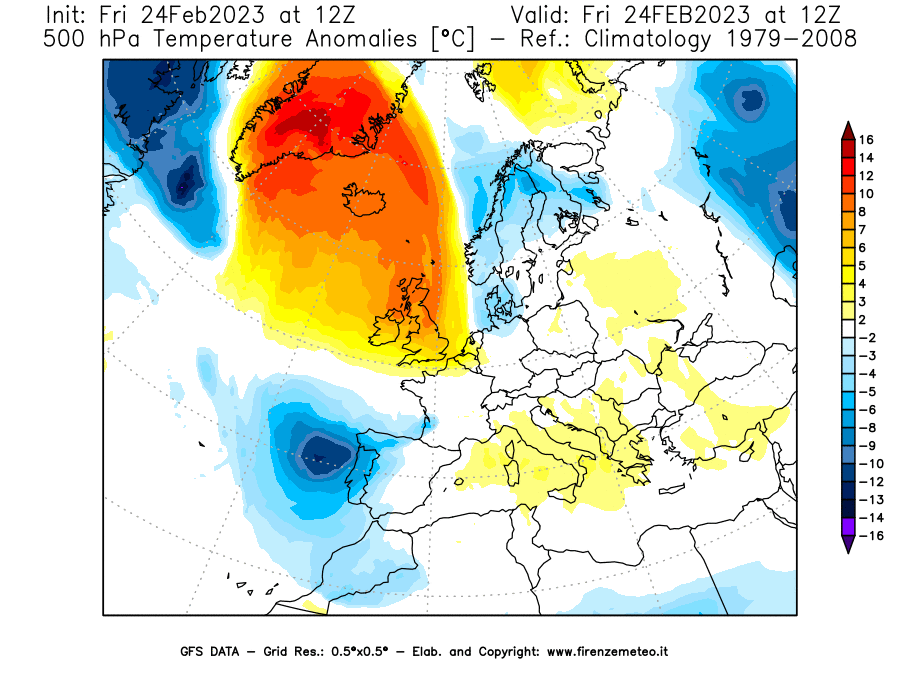 Mappa di analisi GFS - Anomalia Temperatura [°C] a 500 hPa in Europa
							del 24/02/2023 12 <!--googleoff: index-->UTC<!--googleon: index-->