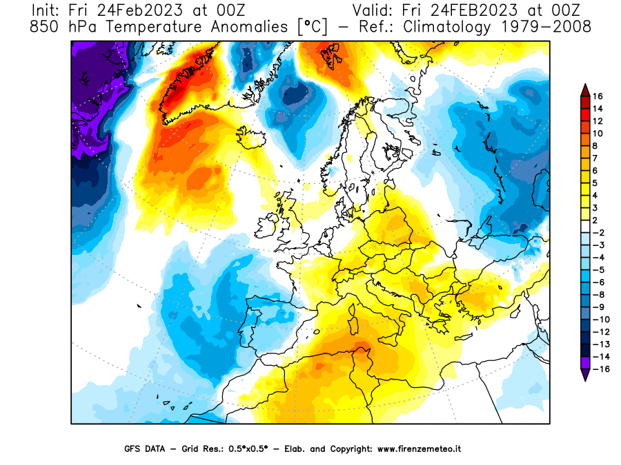 Mappa di analisi GFS - Anomalia Temperatura [°C] a 850 hPa in Europa
							del 24/02/2023 00 <!--googleoff: index-->UTC<!--googleon: index-->