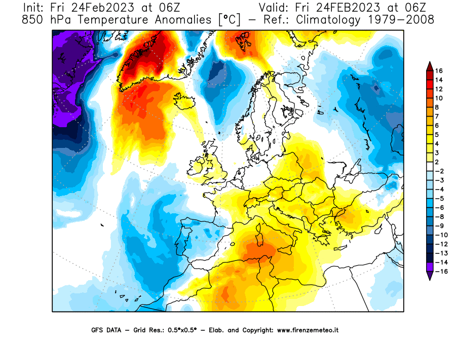 Mappa di analisi GFS - Anomalia Temperatura [°C] a 850 hPa in Europa
							del 24/02/2023 06 <!--googleoff: index-->UTC<!--googleon: index-->