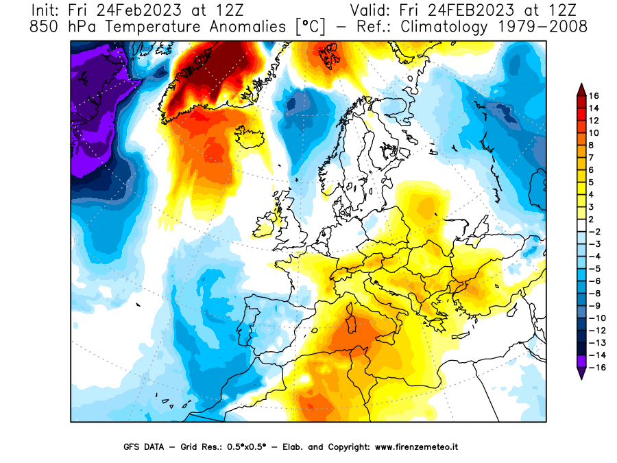 Mappa di analisi GFS - Anomalia Temperatura [°C] a 850 hPa in Europa
							del 24/02/2023 12 <!--googleoff: index-->UTC<!--googleon: index-->