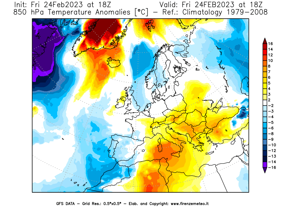 Mappa di analisi GFS - Anomalia Temperatura [°C] a 850 hPa in Europa
							del 24/02/2023 18 <!--googleoff: index-->UTC<!--googleon: index-->