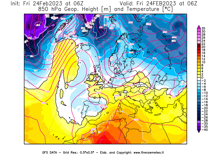 Mappa di analisi GFS - Geopotenziale [m] e Temperatura [°C] a 850 hPa in Europa
							del 24/02/2023 06 <!--googleoff: index-->UTC<!--googleon: index-->