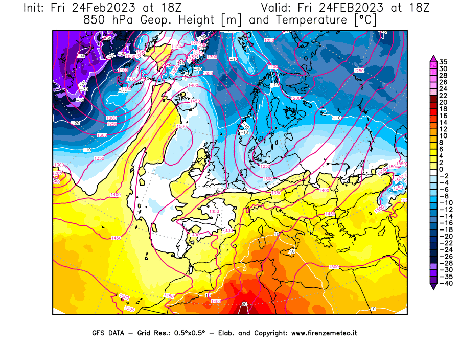 Mappa di analisi GFS - Geopotenziale [m] e Temperatura [°C] a 850 hPa in Europa
							del 24/02/2023 18 <!--googleoff: index-->UTC<!--googleon: index-->