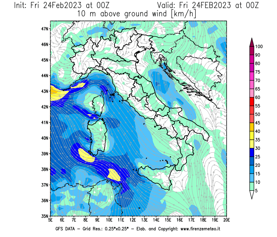 Mappa di analisi GFS - Velocità del vento a 10 metri dal suolo [km/h] in Italia
							del 24/02/2023 00 <!--googleoff: index-->UTC<!--googleon: index-->