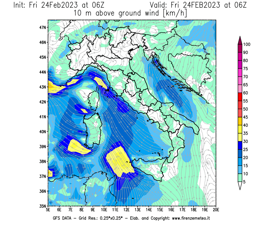 Mappa di analisi GFS - Velocità del vento a 10 metri dal suolo [km/h] in Italia
							del 24/02/2023 06 <!--googleoff: index-->UTC<!--googleon: index-->