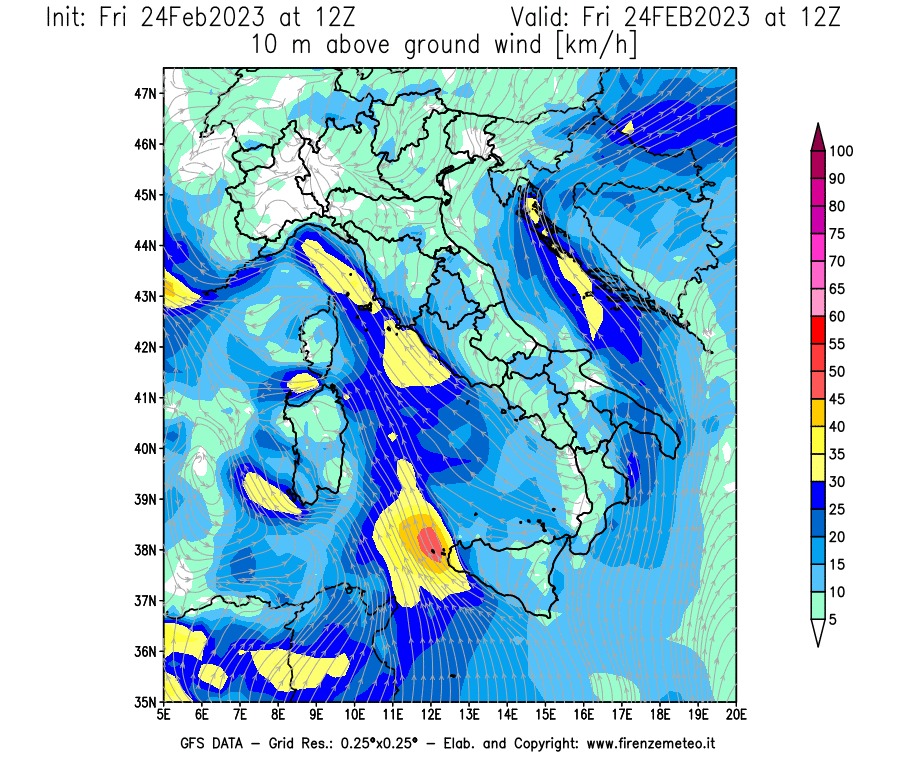 Mappa di analisi GFS - Velocità del vento a 10 metri dal suolo [km/h] in Italia
							del 24/02/2023 12 <!--googleoff: index-->UTC<!--googleon: index-->