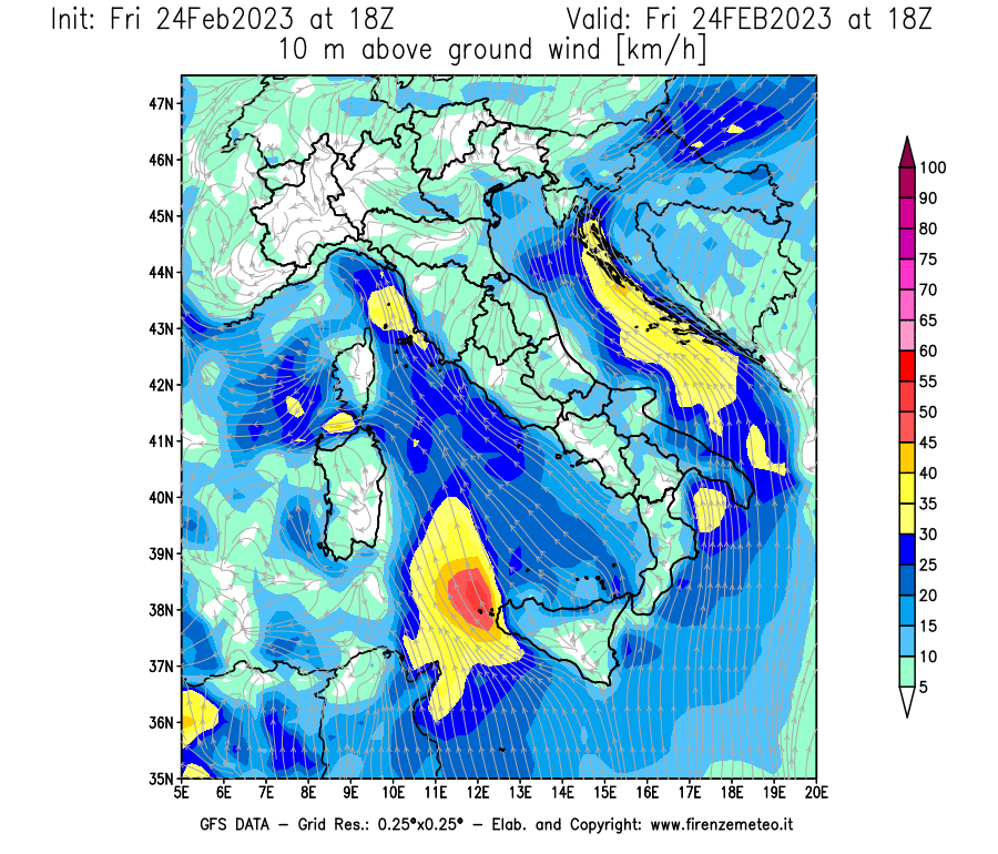 Mappa di analisi GFS - Velocità del vento a 10 metri dal suolo [km/h] in Italia
							del 24/02/2023 18 <!--googleoff: index-->UTC<!--googleon: index-->