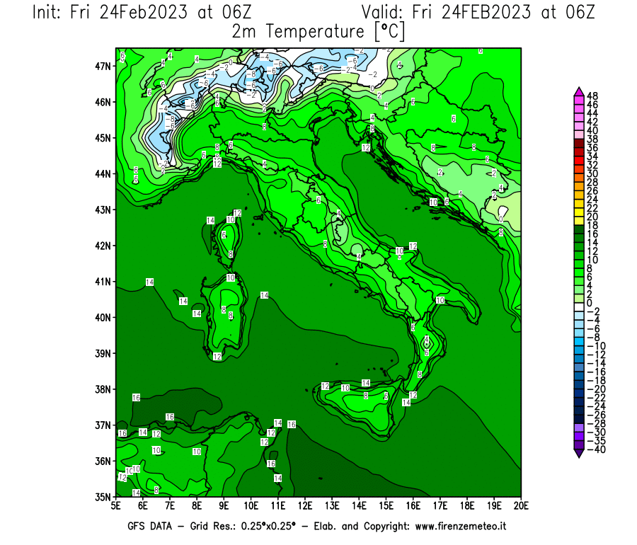 Mappa di analisi GFS - Temperatura a 2 metri dal suolo [°C] in Italia
							del 24/02/2023 06 <!--googleoff: index-->UTC<!--googleon: index-->