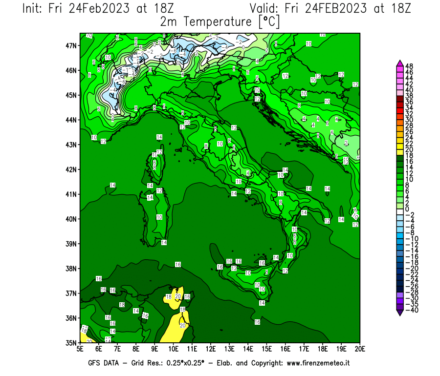 Mappa di analisi GFS - Temperatura a 2 metri dal suolo [°C] in Italia
							del 24/02/2023 18 <!--googleoff: index-->UTC<!--googleon: index-->