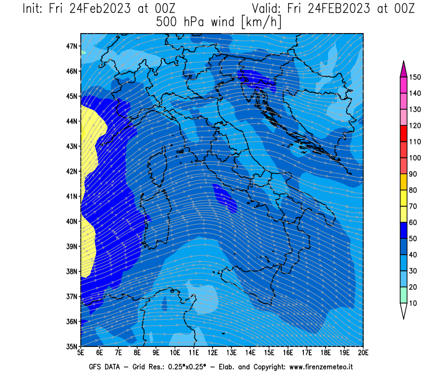 Mappa di analisi GFS - Velocità del vento a 500 hPa [km/h] in Italia
							del 24/02/2023 00 <!--googleoff: index-->UTC<!--googleon: index-->