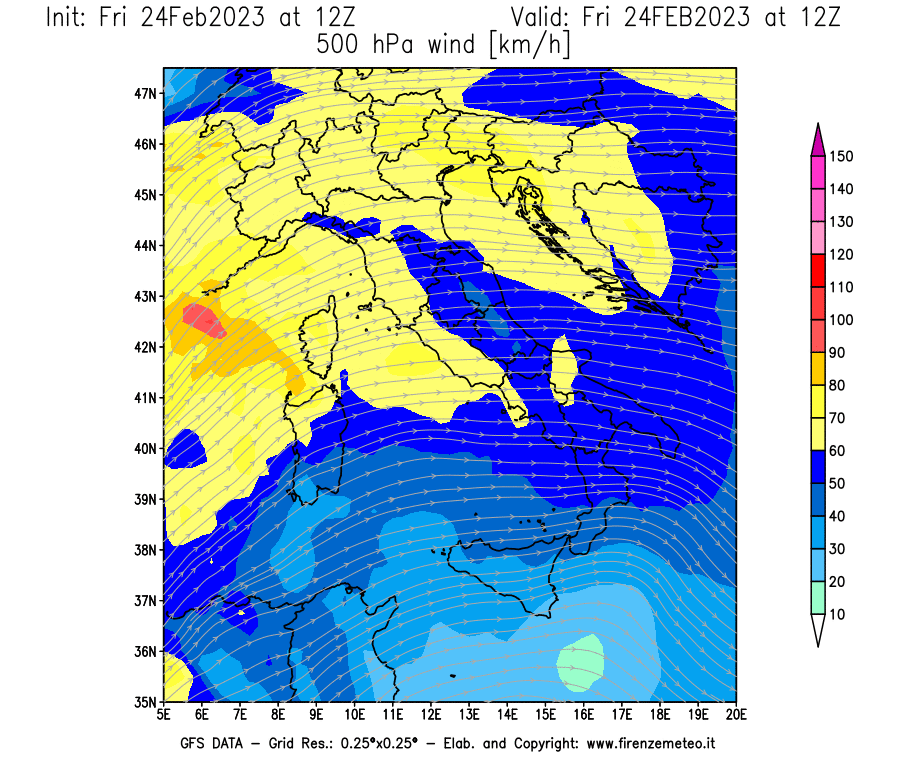 Mappa di analisi GFS - Velocità del vento a 500 hPa [km/h] in Italia
							del 24/02/2023 12 <!--googleoff: index-->UTC<!--googleon: index-->