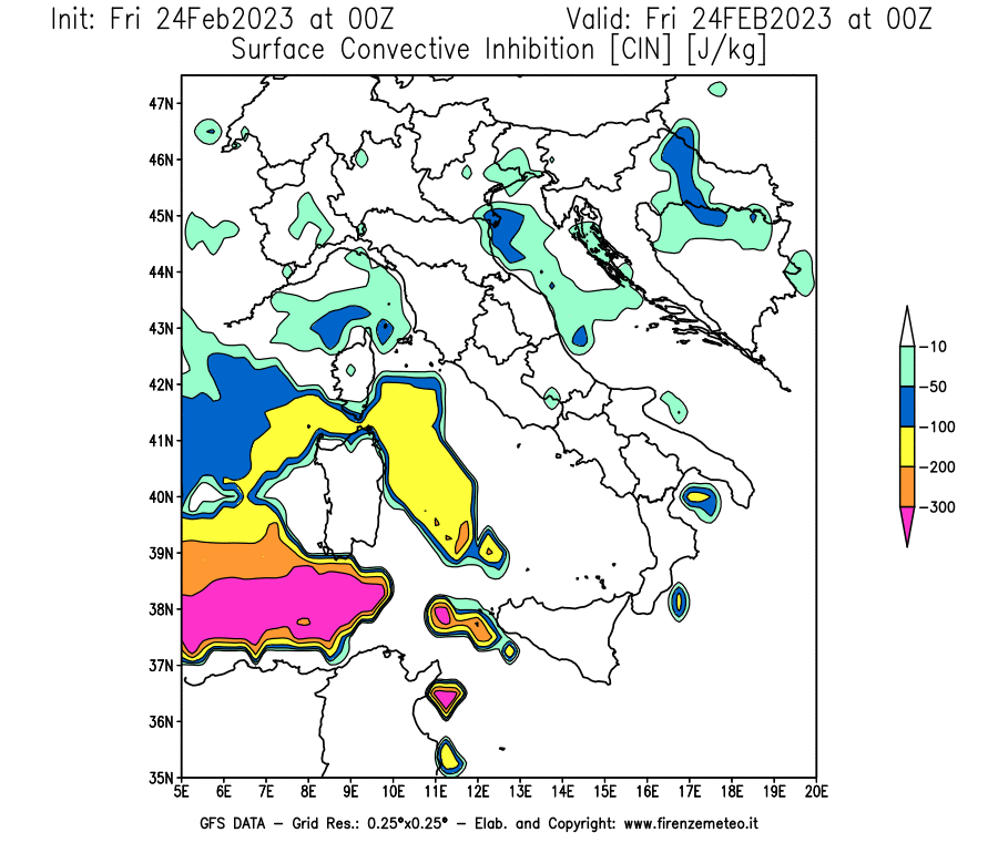 Mappa di analisi GFS - CIN [J/kg] in Italia
							del 24/02/2023 00 <!--googleoff: index-->UTC<!--googleon: index-->