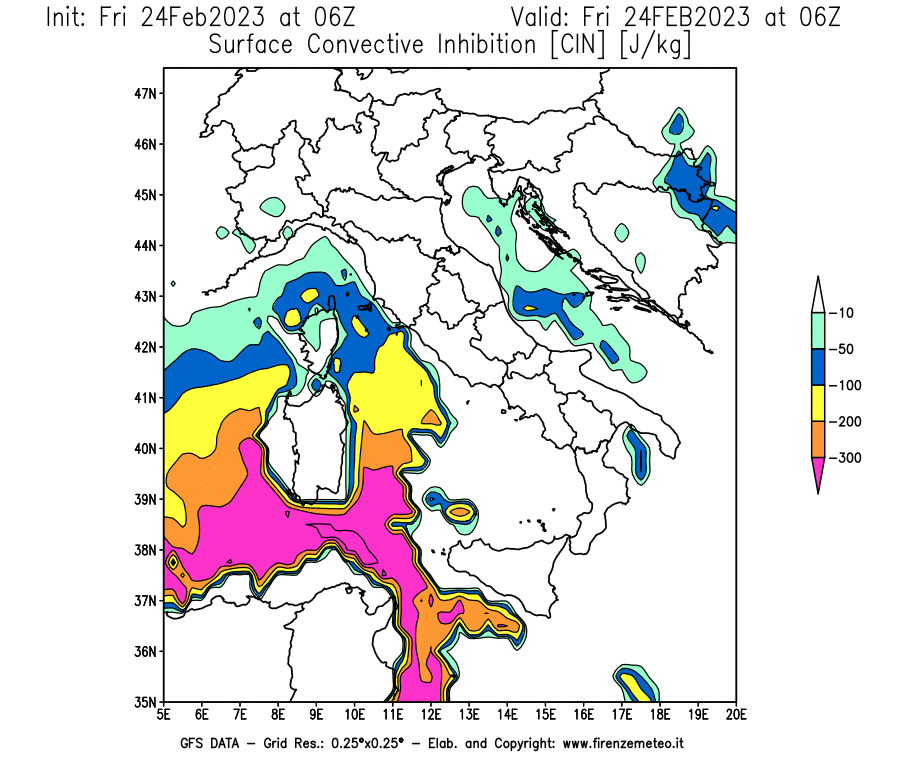 Mappa di analisi GFS - CIN [J/kg] in Italia
							del 24/02/2023 06 <!--googleoff: index-->UTC<!--googleon: index-->