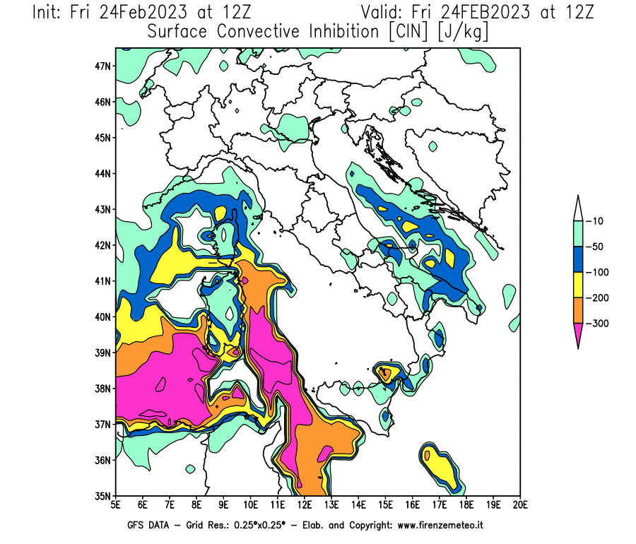 Mappa di analisi GFS - CIN [J/kg] in Italia
							del 24/02/2023 12 <!--googleoff: index-->UTC<!--googleon: index-->